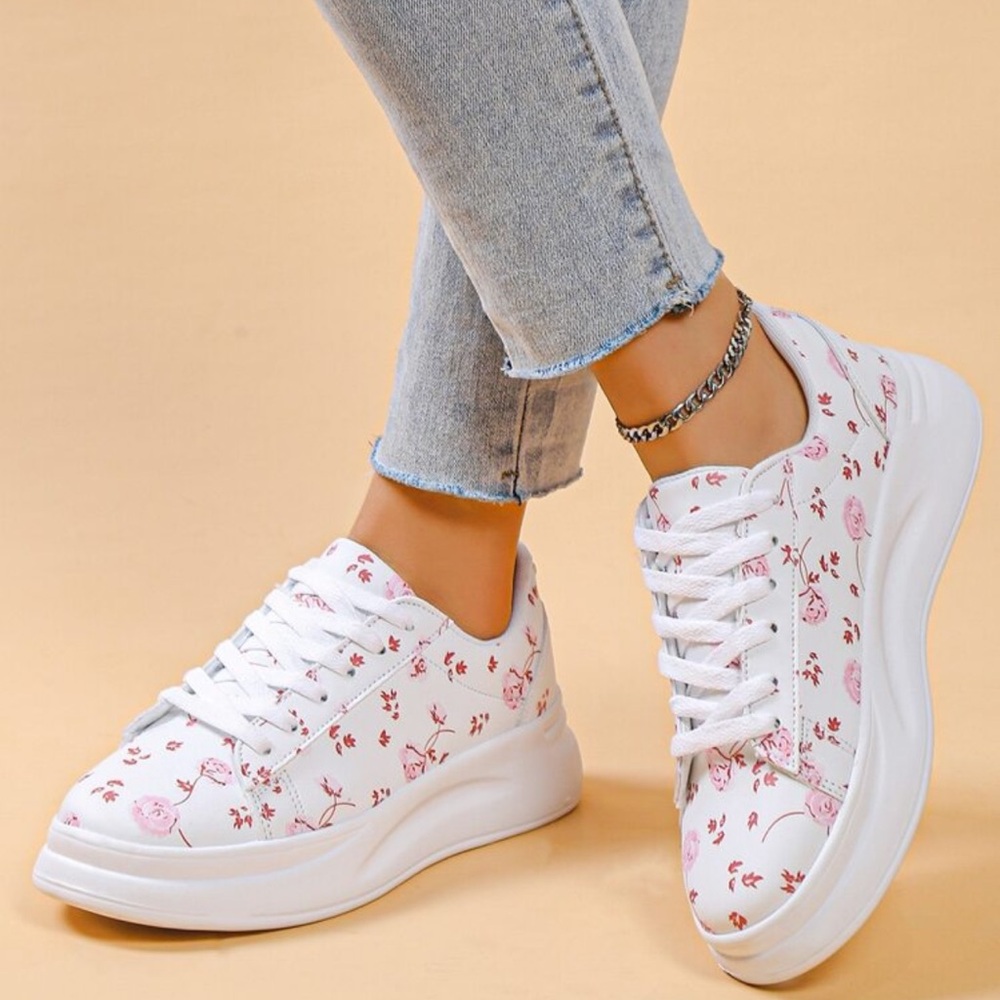 Floral White Sneakers for Women - Picture 1 of 8